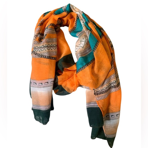 Scarf Shawl Wrap Teal Orange Black Geometric Rope Print 72” x 27” Rectangle - Picture 5 of 5